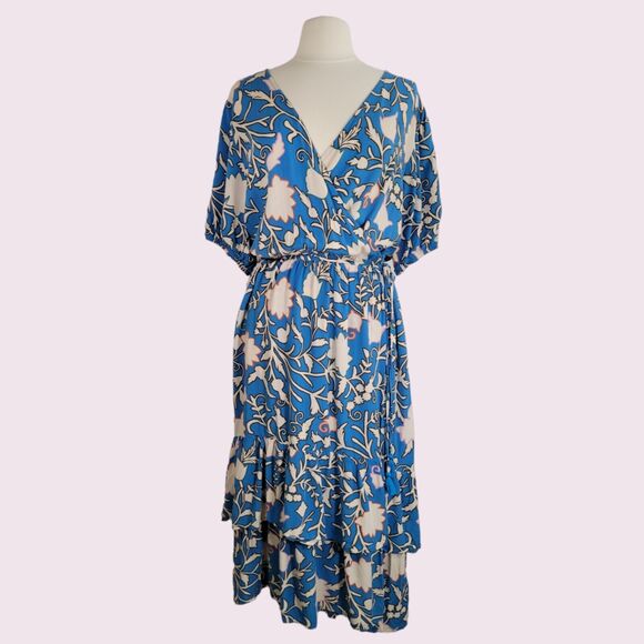 Knox Rose Dresses & Skirts - KNOX ROSE Blue Floral Wrap Maxi Dress Size 2X Tiered Ruffle Skirt Layers V Neck